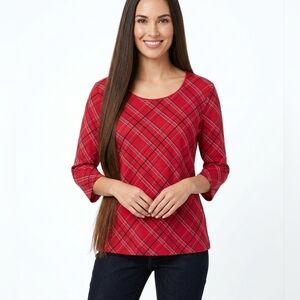 Karen Scott Red Plaid Scoop Neck Long Sleeve Top